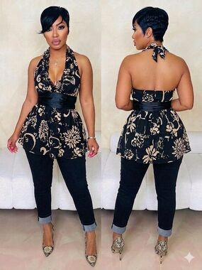 Halter Floral Peplum Blouse in Black & Champagne Gold with Satin Waist